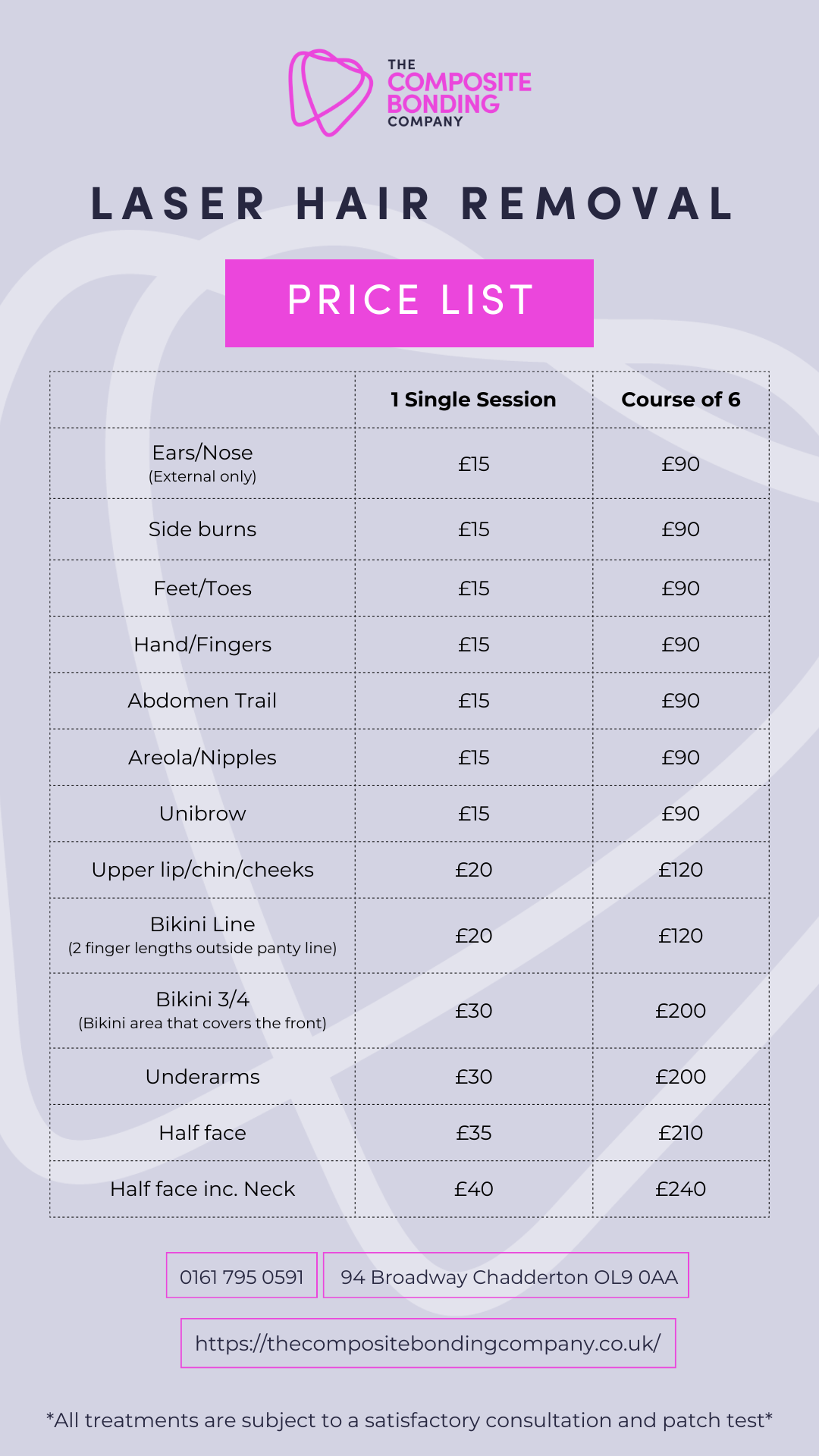 Price List Laser Hair Removal The Composite Bonding Company